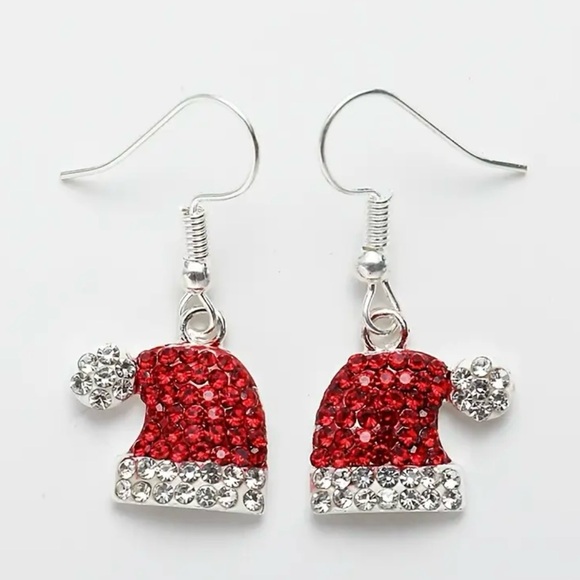 Jewelry - Red & White Crystal Santa Hat Holiday Christmas Earrings